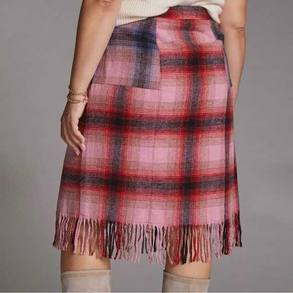 Anthropologie Maeve pink wool blend plaid fringe hem knee length pencil skirt - Picture 2 of 7